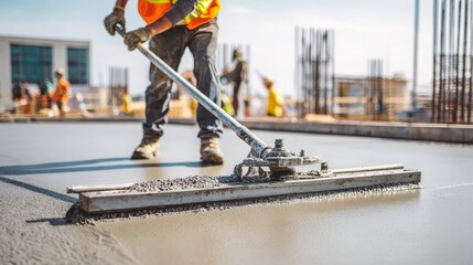Construction worker leveling freshly poured concrete with a long-handled screed tool on an active building site