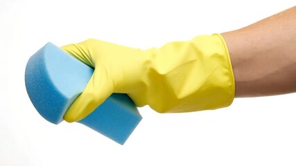 Hand with yellow glove holding blue cleaning sponge