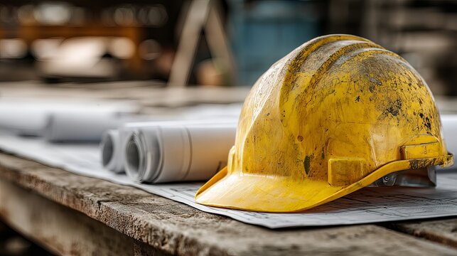 Worn yellow safety helmet resting on architectural blueprints at a construction site workspace