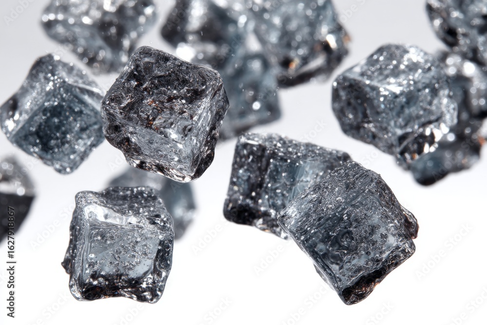Poster sparkling black ice cubes suspended in mid-air creating a striking visual effect in a clean backgrou
