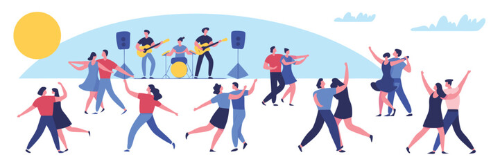 Fototapeta premium Illustration of couples dancing to a band playing outdoors under the sun and sky