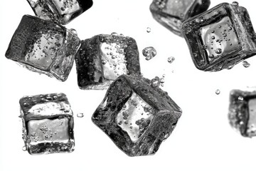 Floating ice cubes create a refreshing spectacle in sparkling water against a white background