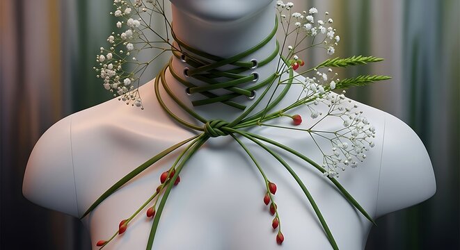 A white mannequin adorned with a natural corset-style necklace made of green stems, white baby's breath, and red berries. - Powered by Adobe