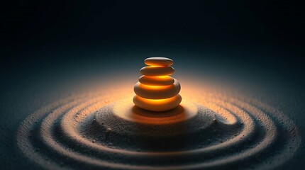 Naklejka premium Zen Balance: Stacked Stones on Sand with Glowing Light, a Tranquil and Meditative Image for Wellness and Mindfulness Themes. 