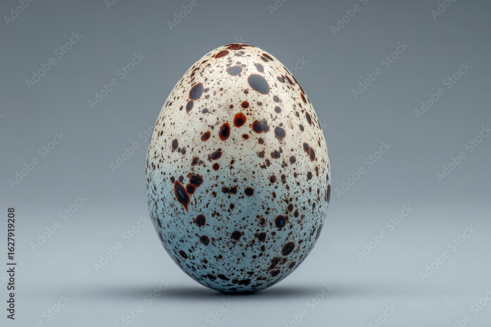 Poster Unique speckled egg resting on a smooth surface showcases intricate patterns and colors under soft lighting