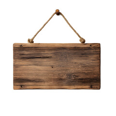 Fototapeta premium A simple rustic wooden panel or plank hanging from a knotted rope providing a blank empty surface for text imagery or other customization