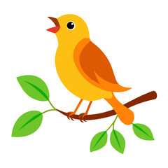 Yellow color bird singing on a branch vector on white background.