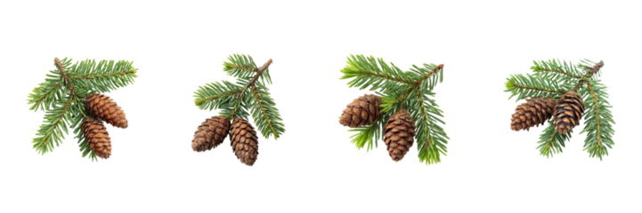 Pine Cones And Evergreen Branches Set. Nature And Seasonal Decoration Collection Isolated On Transparent Background