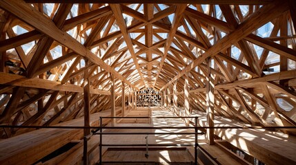 Fototapeta premium Sunlit wooden attic interior with intricate triangular beam framework and shadow patterns