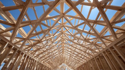 Geometric wooden roof framework under construction with clear blue sky background viewed from inside