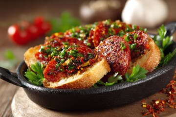 Delicious garlic bread topped with spicy chorizo and herbs served in a skillet