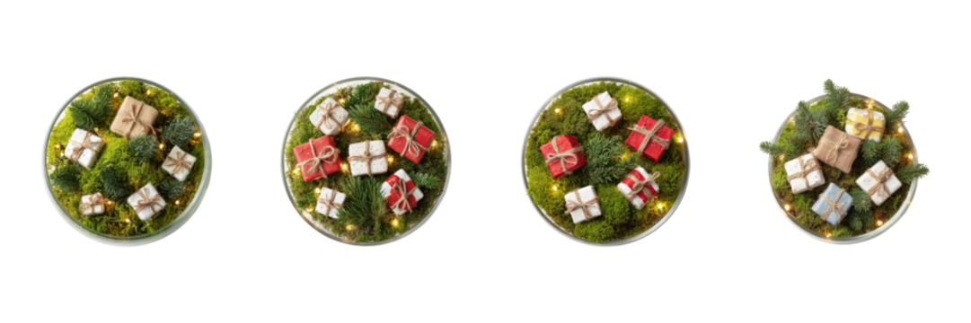 Festive Terrarium With Miniature Gift Boxes Set. Holiday Decoration And Celebration Collection Isolated On Transparent Background