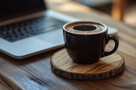 Coffee cup and laptop on a wooden desk, work break