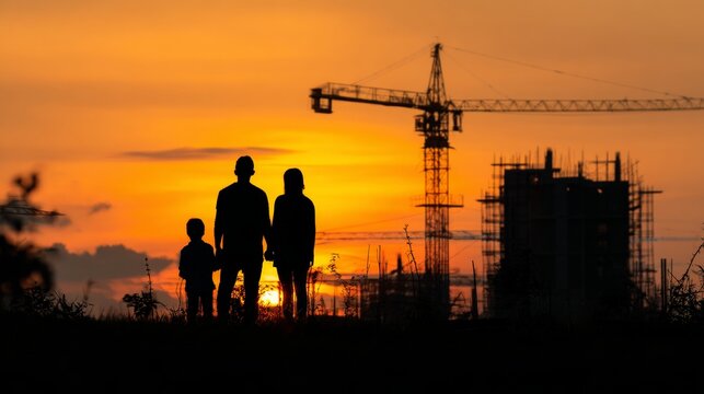 Silhouettes of a family watching a construction site against a vibrant orange sunset sky