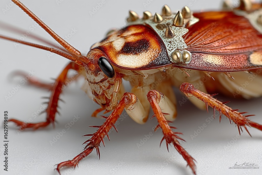 Poster close-up view of a unique insect with spiky exoskeleton features in a controlled environment during 