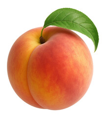 Fototapeta na wymiar Fresh ripe peach with a vibrant orange-red hue and a green leaf attached on transparent background.