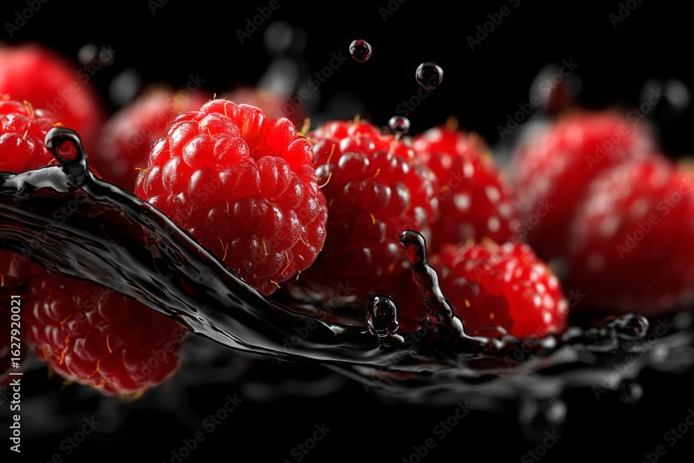 Poster fresh raspberries splash in water droplets creating an appetizing visual against a black background