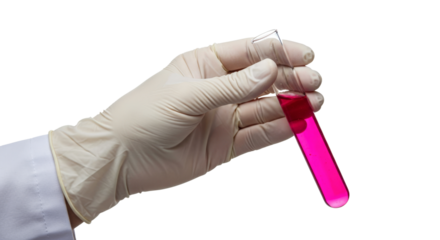 gloved hand holding test tube with pink liquid, medical and scientific research concept png isolated on transparent background
