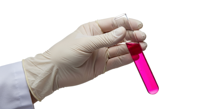 gloved hand holding test tube with pink liquid, medical and scientific research concept png isolated on transparent background
