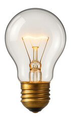 Classic incandescent light bulb with glowing filament and brass base on transparent background.