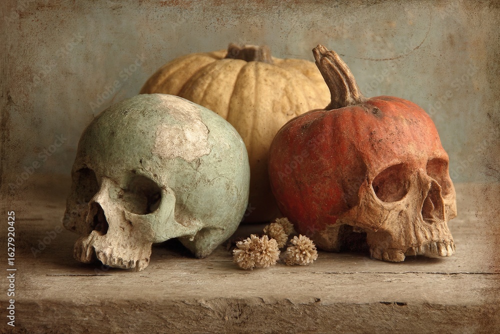 Aufkleber colorful pumpkins and skulls arranged on a rustic table in autumnal decor setting creating a unique 