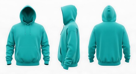 Blank teal hooded sweatshirt mockup shown from front, side, and back views on a white background.