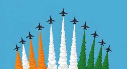 Military fighter jets performing an aerobatic display with tricolor smoke trails in a clear blue sky for a national celebration