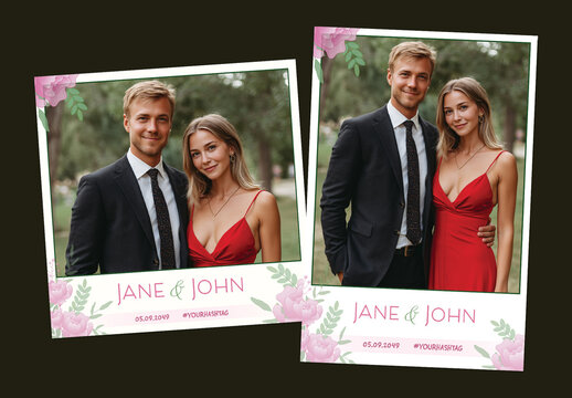 Floral Wedding Photo Booth Template with Australian Couple, Editable Social Media Frame for Custom Names and Hashtags.