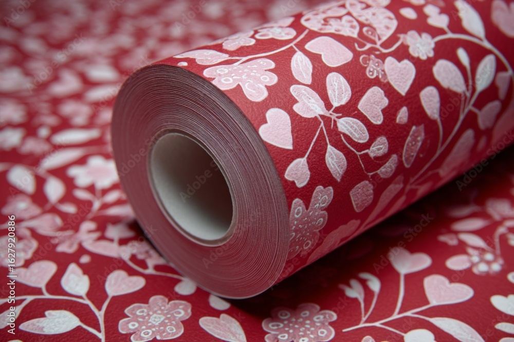 Poster roll of red floral wrapping paper with white patterns displayed on a surface