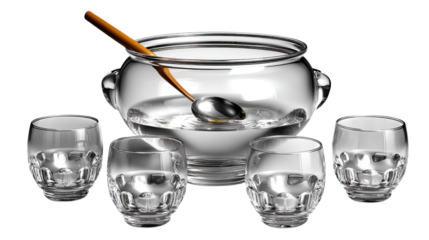 Elegant Glassware Display: A refined array of polished glass, including a large punch bowl with a serving spoon, surrounded by four sophisticated drinking glasses, embodies luxury and sophistication.
