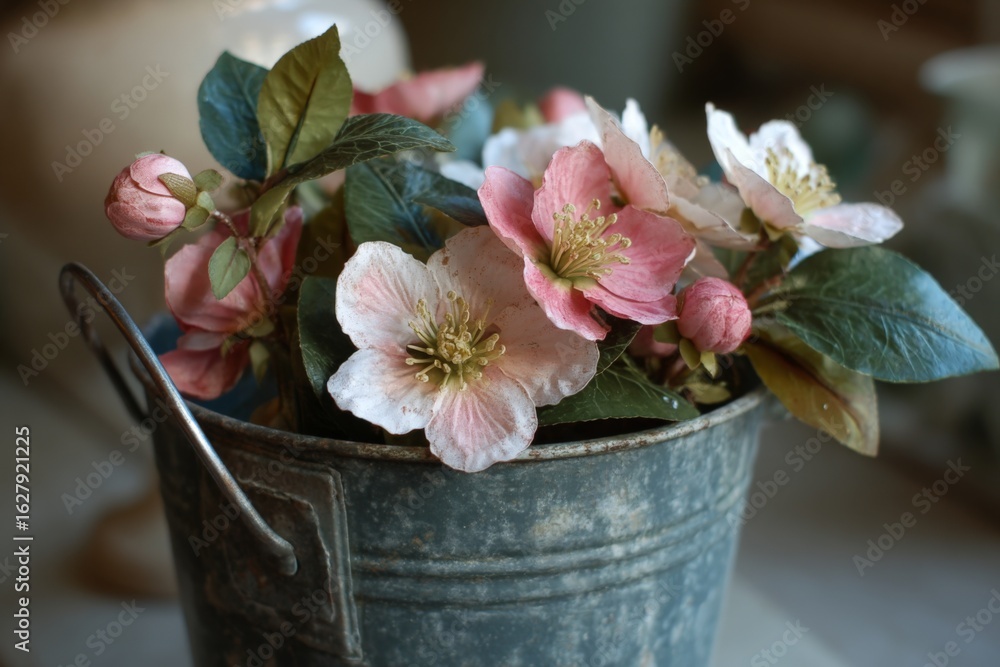 Poster flowers in a vintage bucket bringing charm to a rustic setting with soft lighting