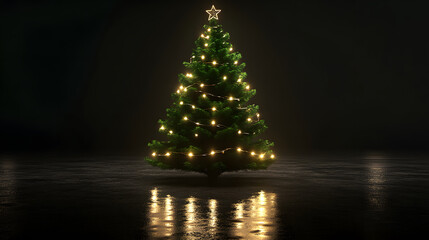 Christmas tree with lights and star against a dark background. Holiday concept.