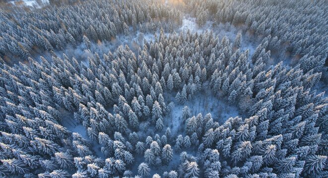 Snowy pine forest aerial view