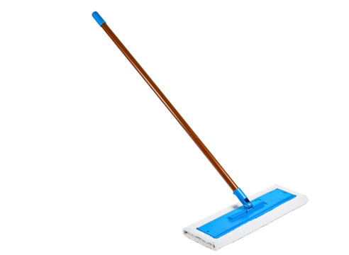 Blue mop with wooden handle isolated on transparent background