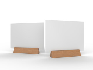 3D Realistic table stand, table tent mockup with metal base and white paper acrylic. Blank card holder display information for menu label, restaurant, cafe, banner, picture stand, sign holder, ads