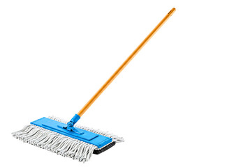 Blue mop with wooden handle isolated on transparent background