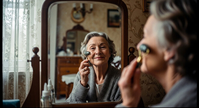Elderly Woman Using Face Roller in Mirror.
Senior woman smiles while using a face roller and looking in the mirror in a cozy room.
 - Powered by Adobe
