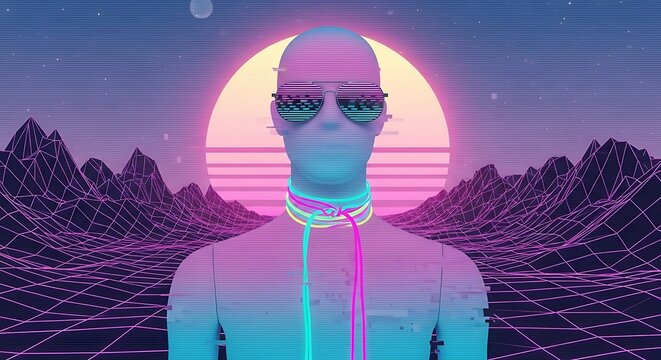 A glitchy android figure with neon sunglasses in a retro-futuristic digital landscape with a glowing sun.