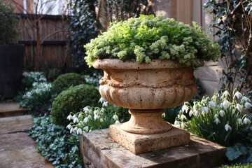 Fototapeta premium Decorative stone urn filled with vibrant green plants during early spring in a peaceful garden setting