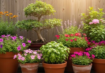Fototapeta premium A beautiful collection of potted plants and flowers adorns a wooden fence