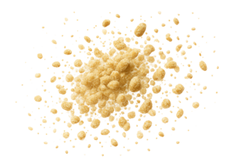 A dynamic explosion of variously sized light brown granules suspended mid-air, showcasing texture and motion on transparent background.