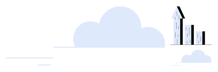 Modern skyscraper and smaller buildings beside soft clouds in tranquil sky. Ideal for real estate, urban development, architecture, environmental design, cloud computing, growth illustration, simple