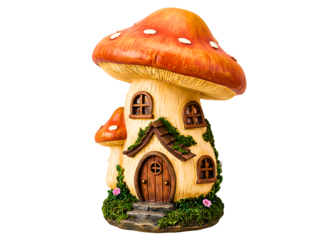 Whimsical mushroom house with glowing windows isolated on transparent background