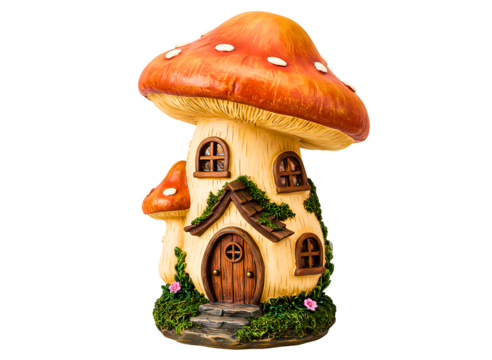 Whimsical mushroom house with glowing windows isolated on transparent background