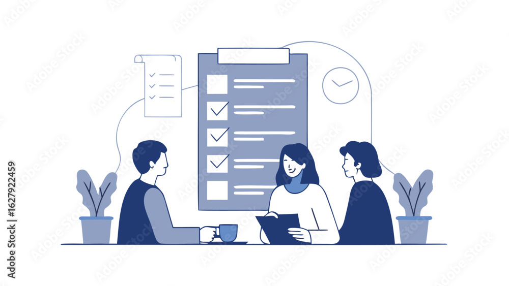 Aufkleber three people in a meeting with a checklist on a clipboard and a document and plants on the table aro