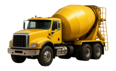 Yellow cement mixer truck featuring a rotating drum and sturdy cab design on transparent background.