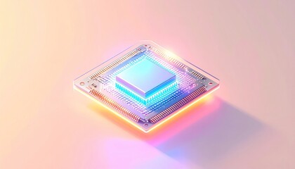 Glowing Neon Processor Core on Pastel Beige Background Modern Tech Design