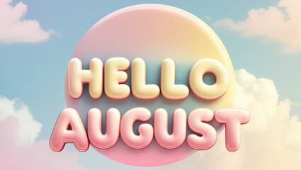 Hello august on blurry cloud background