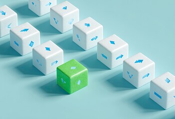 A single, lime-green cube, with an arrow, stands out among a line of white cubes, each with directional arrows