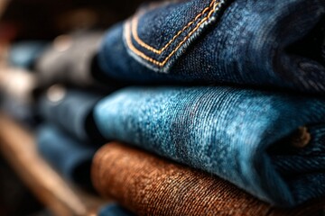 Denim fabric stacked neatly on a shelf showcasing various shades and textures of jeans during late afternoon light indoors